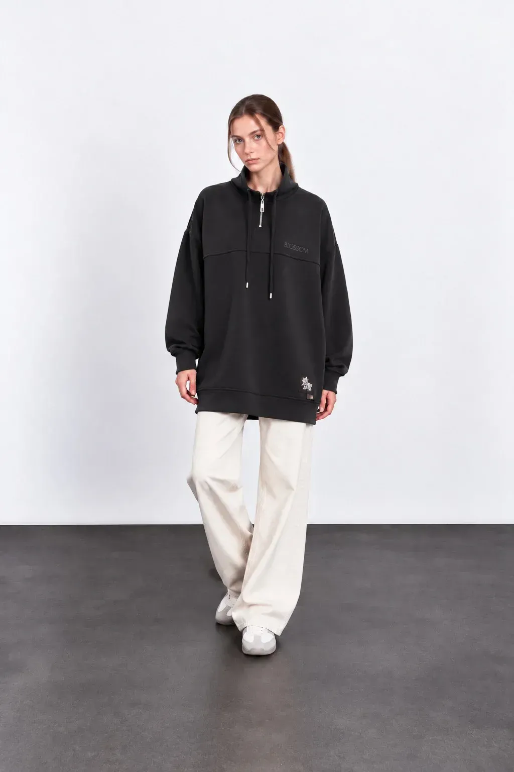 Kadın Dik Yaka Yarım Fermuarlı Oversize Premium Modal Tunik Sweatshirt