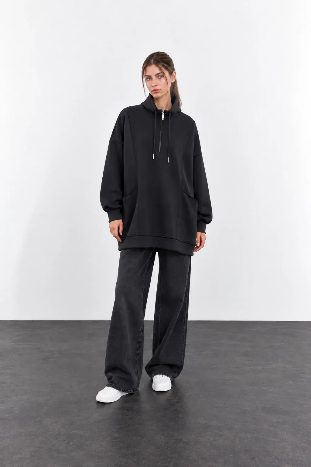 Oversize Dik Yaka Fermuarlı Cepli Premium Modal Düşük Kol Kadın Sweatshirt Tunik